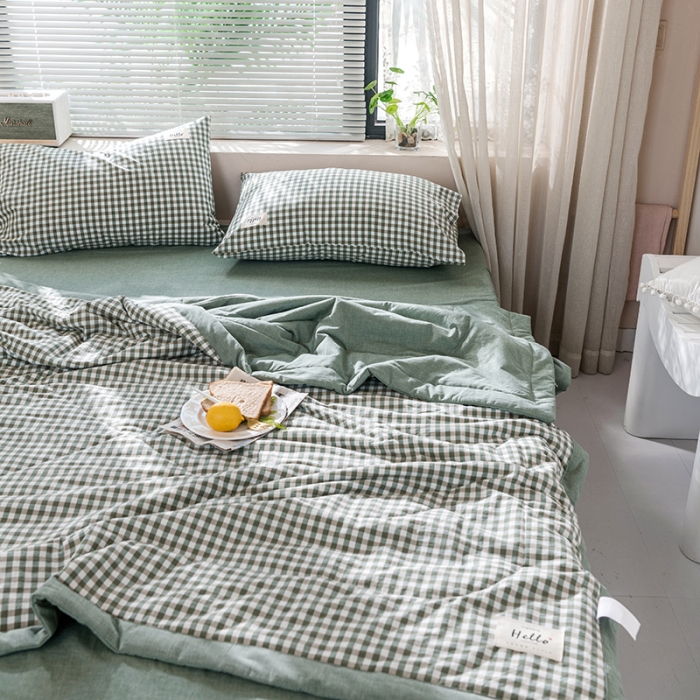 91家纺网 家纺一手货源 找家纺 久典 新款全棉色织水洗棉大豆被夏被四件套 绿小格
