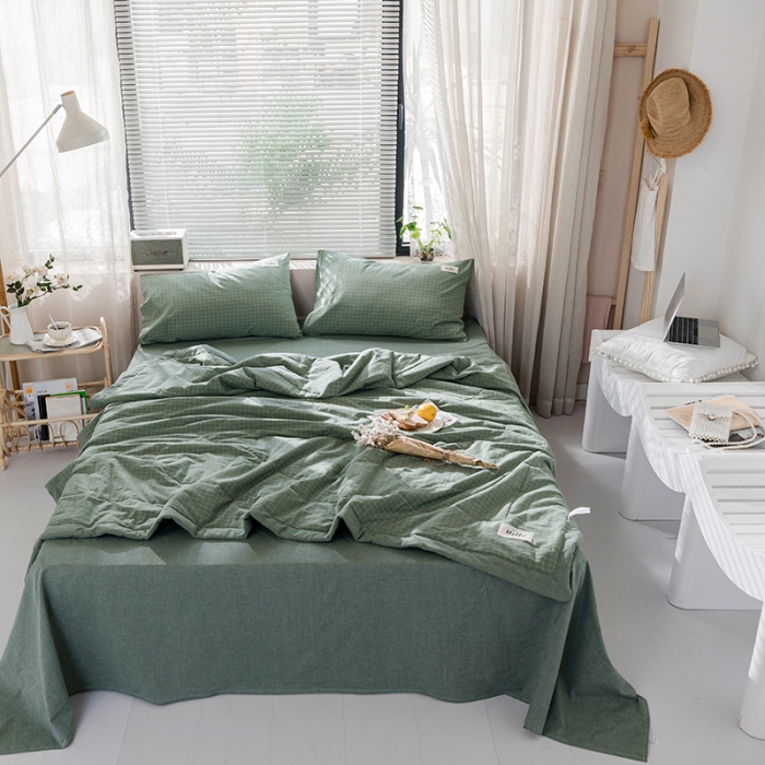 91家纺网 家纺一手货源 找家纺 久典 新款全棉色织水洗棉大豆被夏被四件套 浓绿格