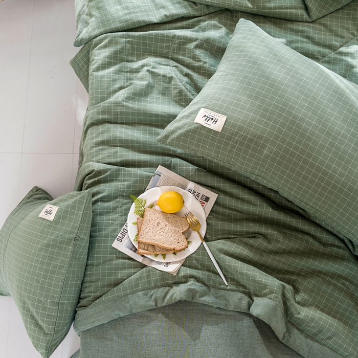 91家纺网 家纺一手货源 找家纺 久典 新款全棉色织水洗棉大豆被夏被四件套 浓绿格