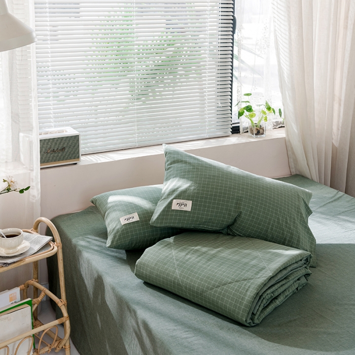 91家纺网 家纺一手货源 找家纺 久典 新款全棉色织水洗棉大豆被夏被四件套 浓绿格