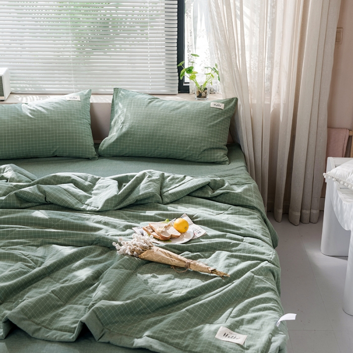91家纺网 家纺一手货源 找家纺 久典 新款全棉色织水洗棉大豆被夏被四件套 浓绿格
