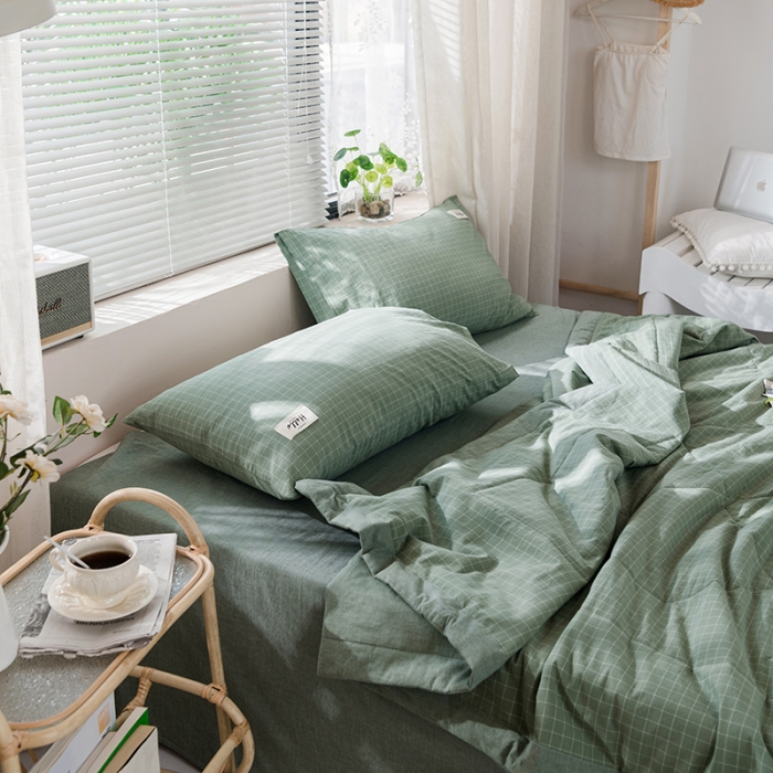 91家纺网 家纺一手货源 找家纺 久典 新款全棉色织水洗棉大豆被夏被四件套 浓绿格