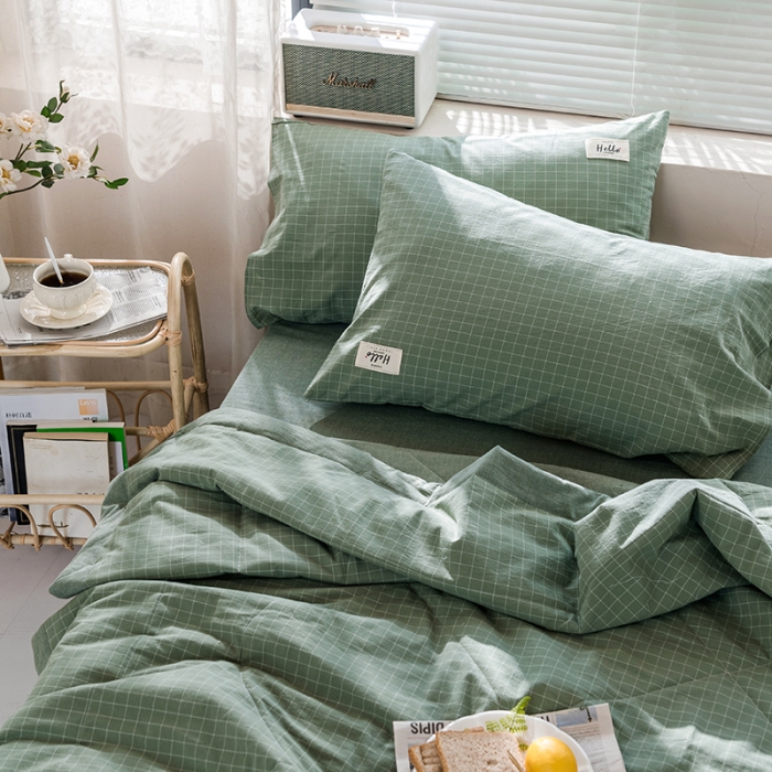 91家纺网 家纺一手货源 找家纺 久典 新款全棉色织水洗棉大豆被夏被四件套 浓绿格
