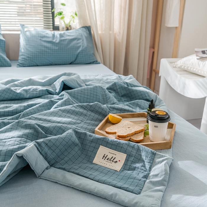 91家纺网 家纺一手货源 找家纺 久典 新款全棉色织水洗棉大豆被夏被四件套 雾蓝格