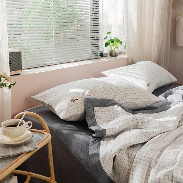 91家纺网 家纺一手货源 找家纺 久典 新款全棉色织水洗棉大豆被夏被四件套 小白格