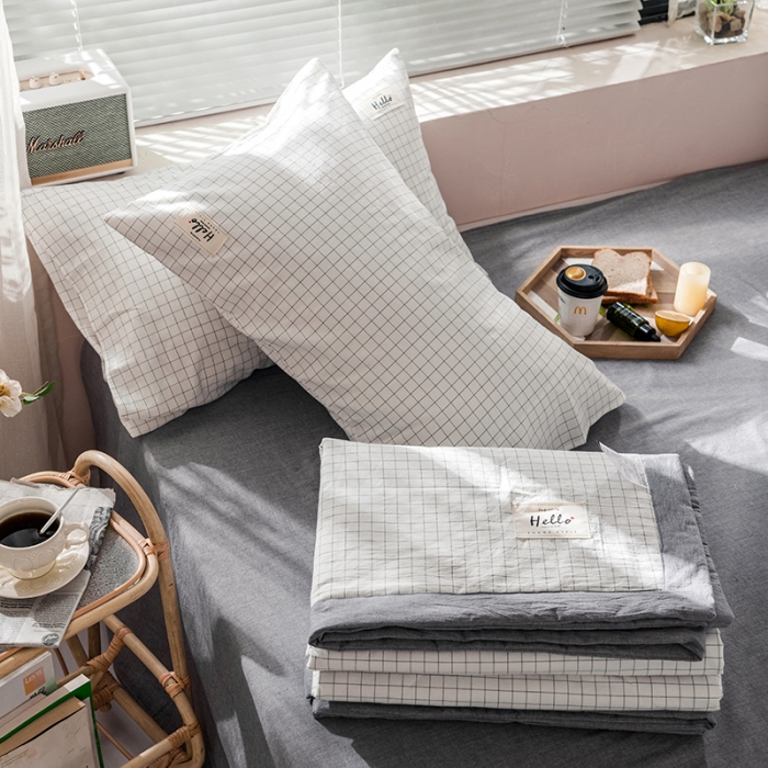 91家纺网 家纺一手货源 找家纺 久典 新款全棉色织水洗棉大豆被夏被四件套 小白格