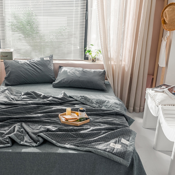 91家纺网 家纺一手货源 找家纺 久典 新款全棉色织水洗棉大豆被夏被四件套 小灰格