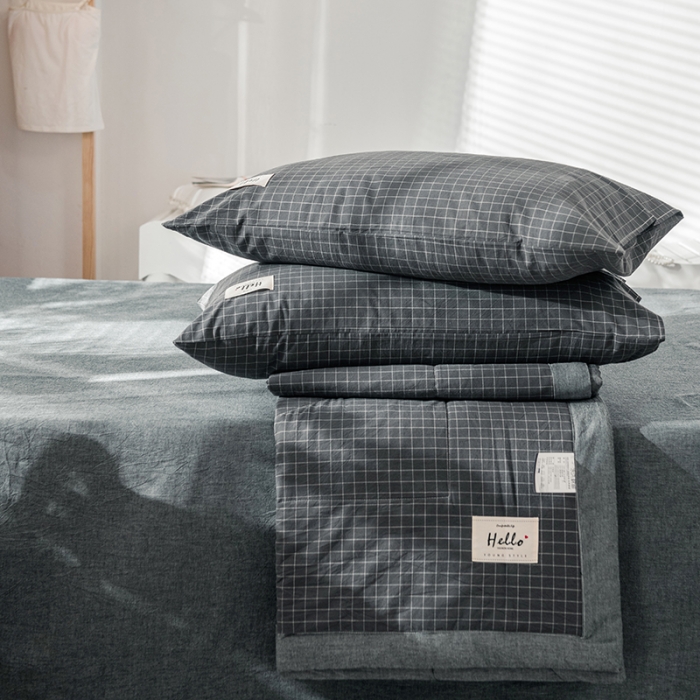 91家纺网 家纺一手货源 找家纺 久典 新款全棉色织水洗棉大豆被夏被四件套 小灰格