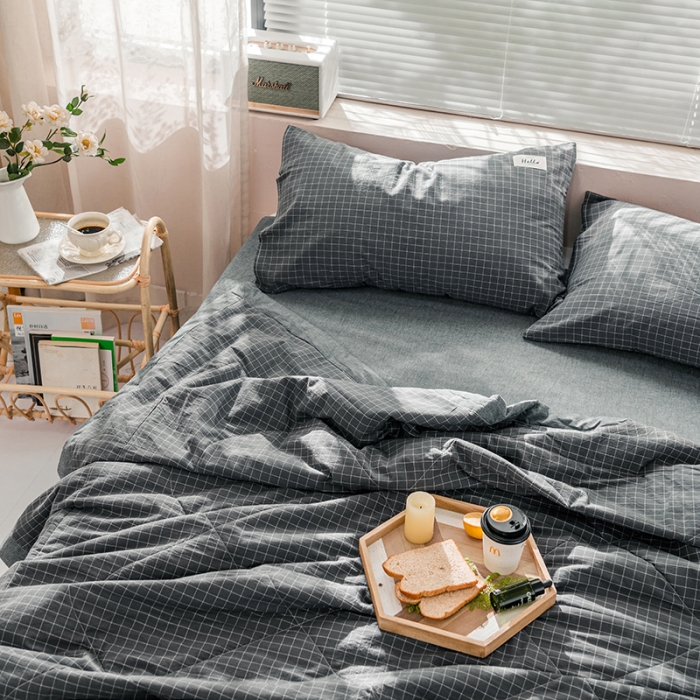 91家纺网 家纺一手货源 找家纺 久典 新款全棉色织水洗棉大豆被夏被四件套 小灰格