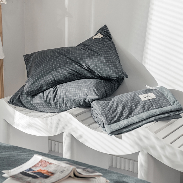 91家纺网 家纺一手货源 找家纺 久典 新款全棉色织水洗棉大豆被夏被四件套 小灰格