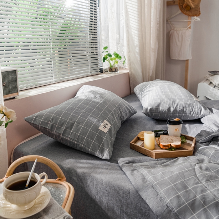 91家纺网 家纺一手货源 找家纺 久典 新款全棉色织水洗棉大豆被夏被四件套 中灰格