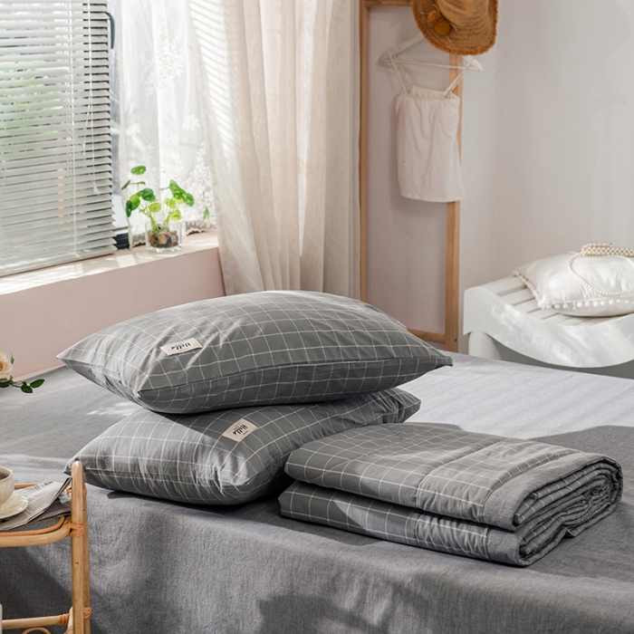 91家纺网 家纺一手货源 找家纺 久典 新款全棉色织水洗棉大豆被夏被四件套 中灰格