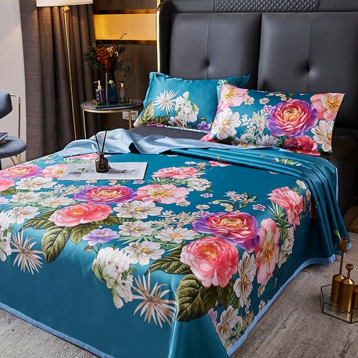 91家纺网 家纺一手货源 找家纺 昊川 2021新款冰丝凉席三件套 花开富贵-藏青