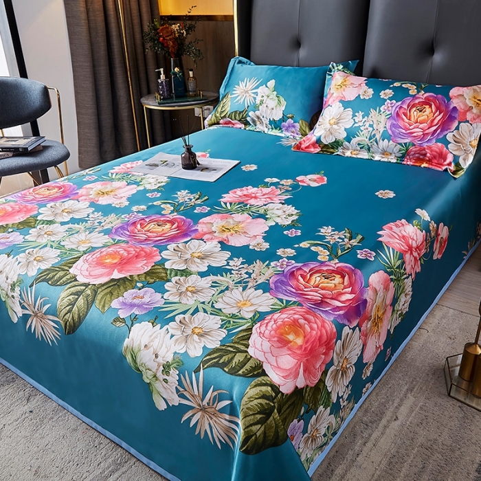 91家纺网 家纺一手货源 找家纺 昊川 2021新款冰丝凉席三件套 花开富贵-藏青