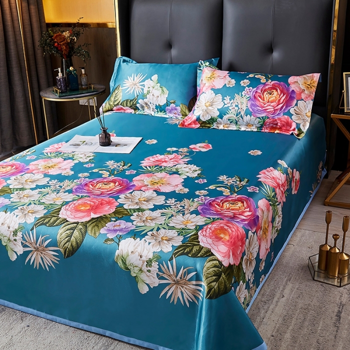 91家纺网 家纺一手货源 找家纺 昊川 2021新款冰丝凉席三件套 花开富贵-藏青