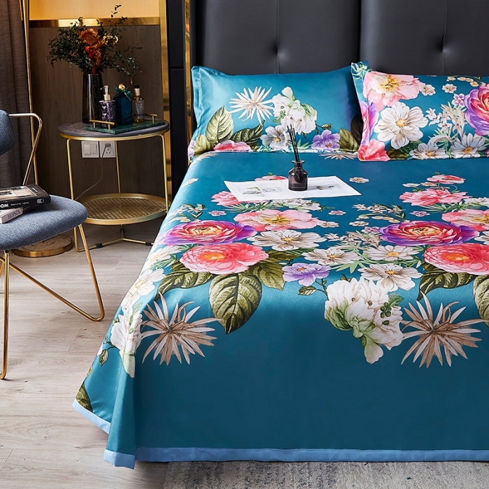 91家纺网 家纺一手货源 找家纺 昊川 2021新款冰丝凉席三件套 花开富贵-藏青