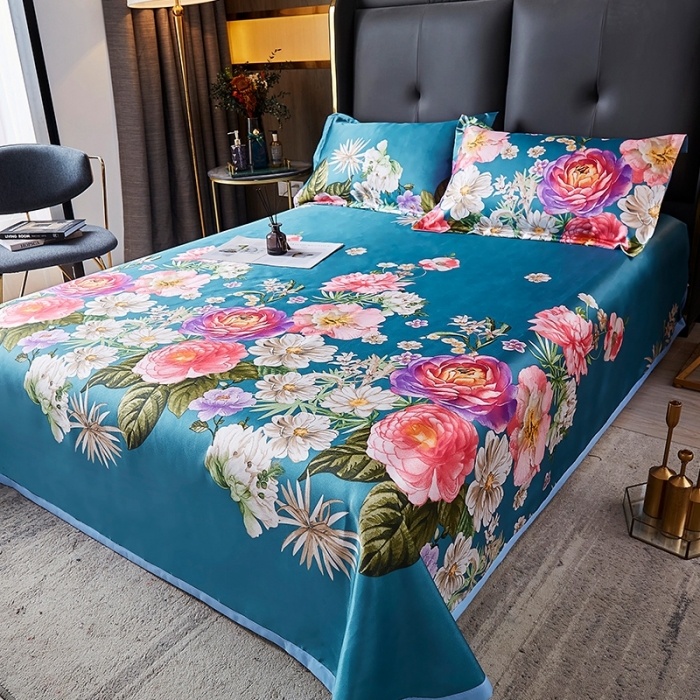 91家纺网 家纺一手货源 找家纺 昊川 2021新款冰丝凉席三件套 花开富贵-藏青