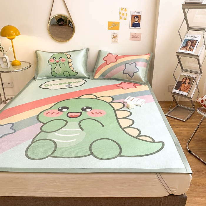 91家纺网 家纺一手货源 找家纺 慕尚家纺2022新款全面升级宽边大版数码冰丝席凉席 彩虹恐龙