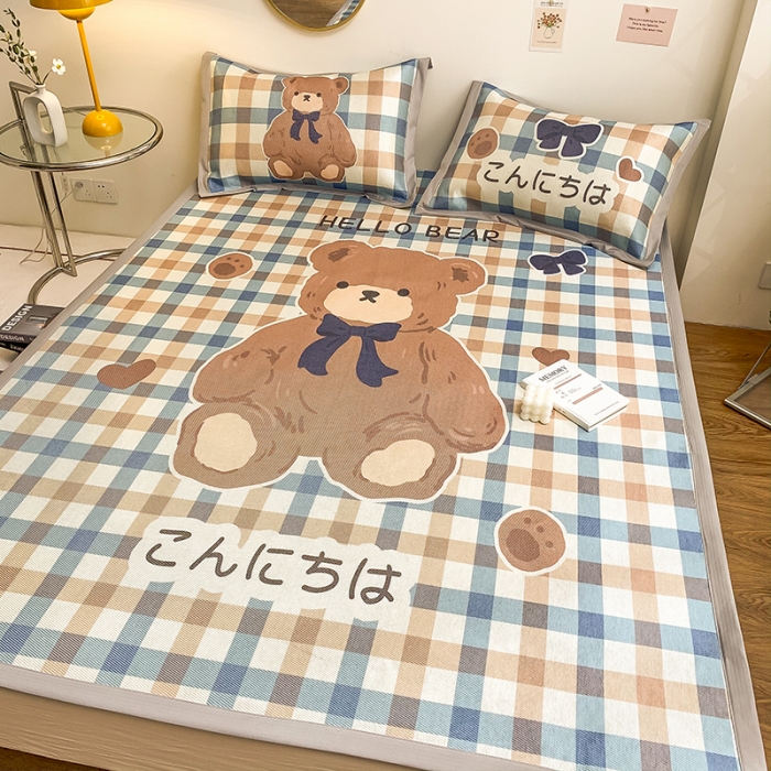 91家纺网 家纺一手货源 找家纺 慕尚家纺2022新款全面升级宽边大版数码冰丝席凉席 格子小熊