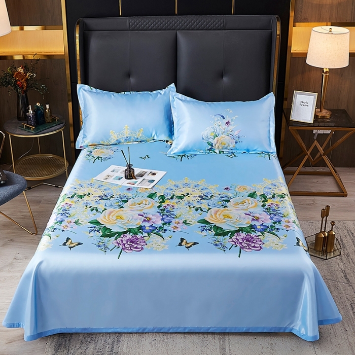 91家纺网 家纺一手货源 找家纺 昊川 2021新款冰丝凉席三件套 春色满园-蓝