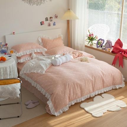 91家纺网 家纺一手货源 找家纺 眠屿家纺 2021新款全棉韩版爱心荷叶边四件套 爱心-粉