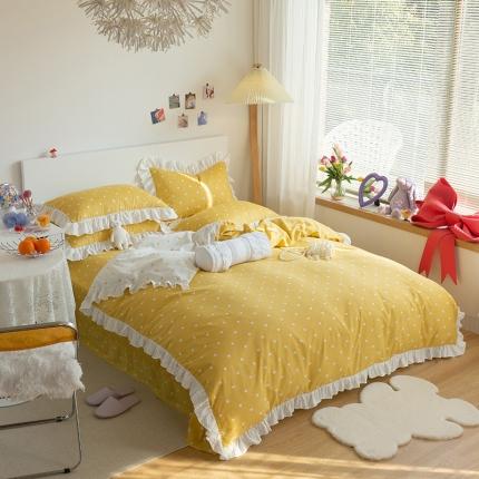 91家纺网 家纺一手货源 找家纺 眠屿家纺 2021新款全棉韩版爱心荷叶边四件套 爱心-黄