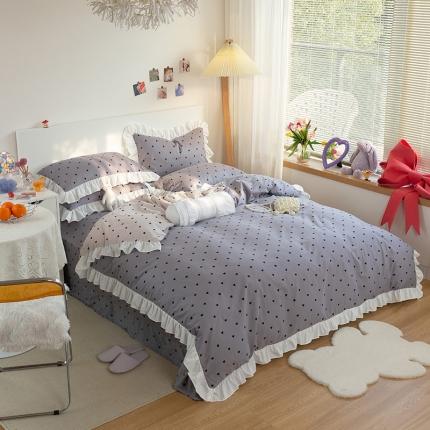 91家纺网 家纺一手货源 找家纺 眠屿家纺 2021新款全棉韩版爱心荷叶边四件套 爱心-灰