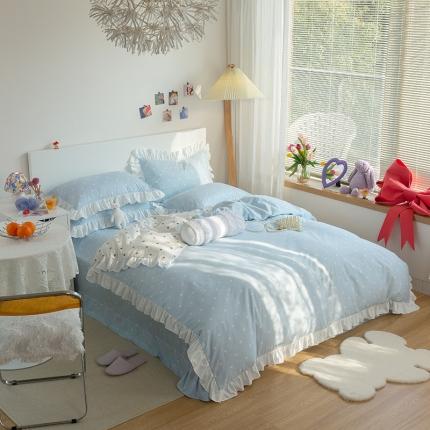 91家纺网 家纺一手货源 找家纺 眠屿家纺 2021新款全棉韩版爱心荷叶边四件套 爱心-蓝