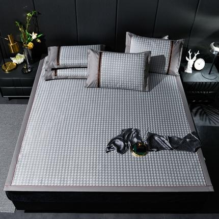 91家纺网 家纺一手货源 找家纺 轻奢款千鸟格冰藤席北欧风凉席冰丝席藤席竹席三件套