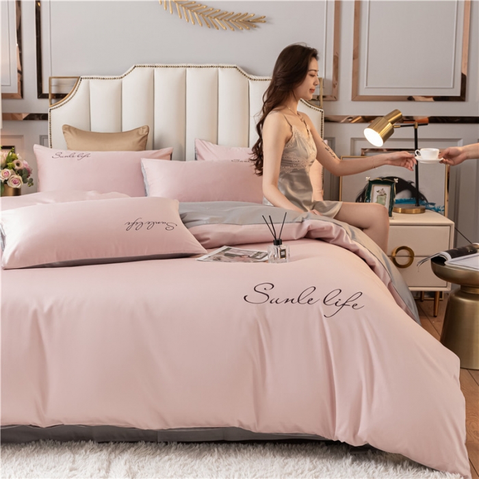 91家纺网 家纺一手货源 找家纺 古吉梦 2024新款水洗棉双拼刺绣单被套 双拼-粉灰