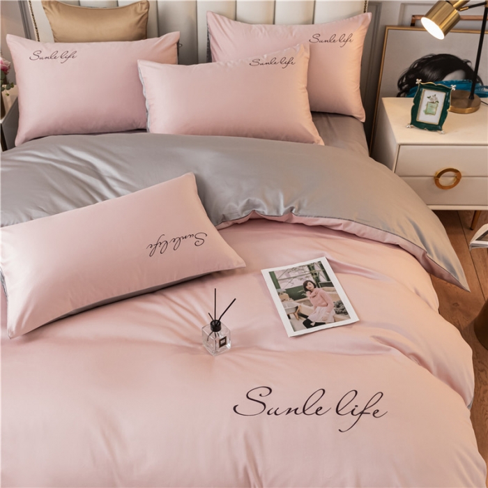 91家纺网 家纺一手货源 找家纺 古吉梦 2024新款水洗棉双拼刺绣单被套 双拼-粉灰