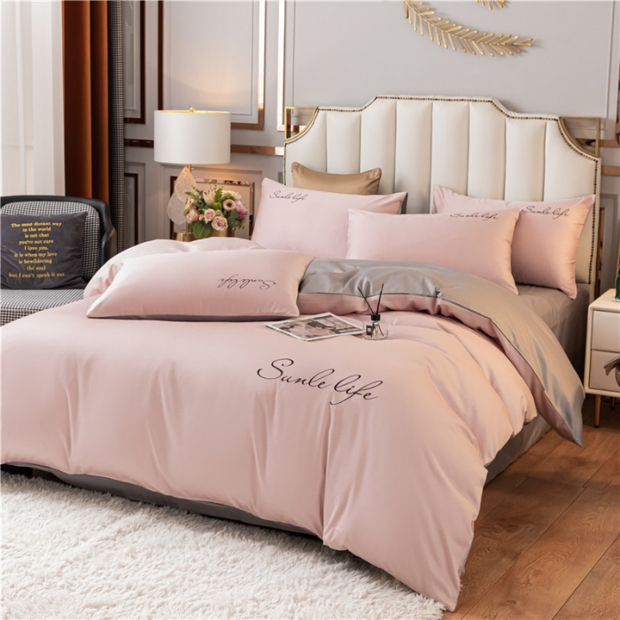 91家纺网 家纺一手货源 找家纺 古吉梦 2024新款水洗棉双拼刺绣单被套 双拼-粉灰