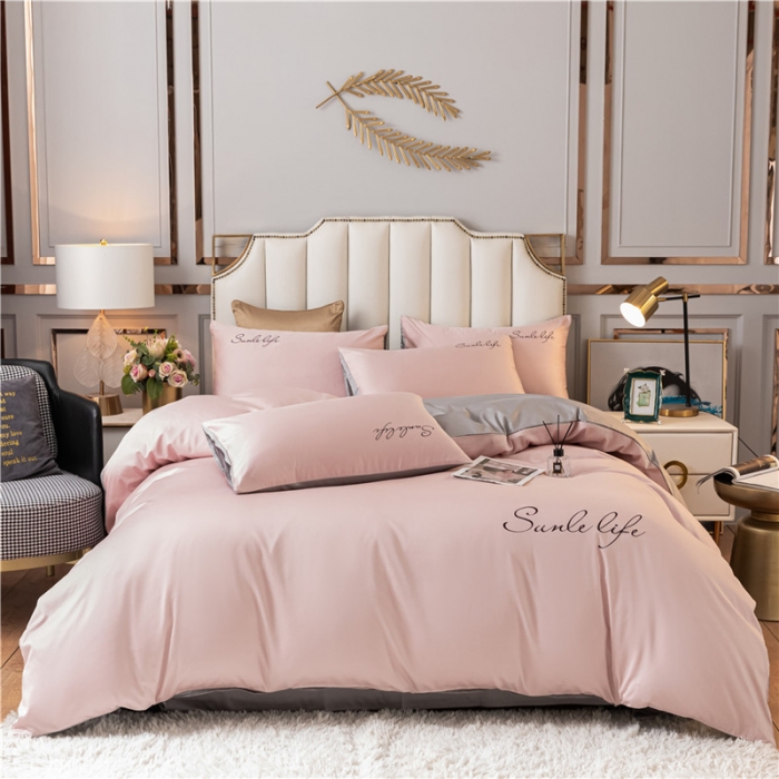 91家纺网 家纺一手货源 找家纺 古吉梦 2024新款水洗棉双拼刺绣单被套 双拼-粉灰