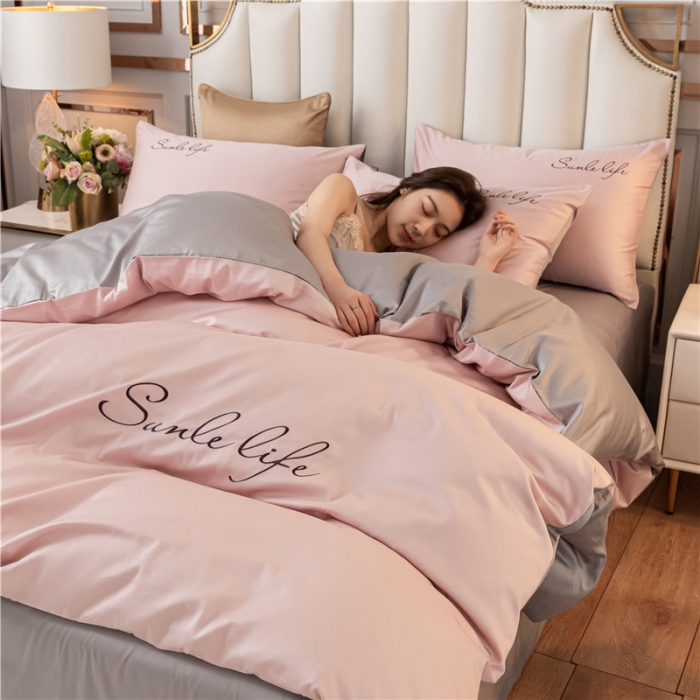 91家纺网 家纺一手货源 找家纺 古吉梦 2024新款水洗棉双拼刺绣单被套 双拼-粉灰