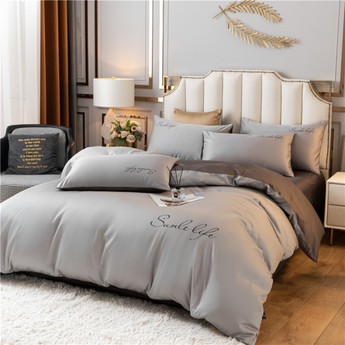 91家纺网 家纺一手货源 找家纺 古吉梦 2024新款水洗棉双拼刺绣单被套 双拼-浅灰