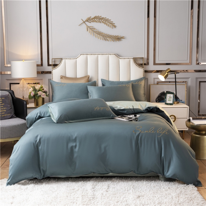91家纺网 家纺一手货源 找家纺 古吉梦 2024新款水洗棉双拼刺绣单被套 双拼-浅石蓝