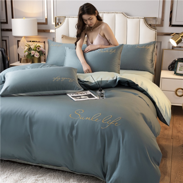 91家纺网 家纺一手货源 找家纺 古吉梦 2024新款水洗棉双拼刺绣单被套 双拼-浅石蓝