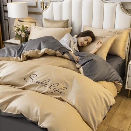 古吉梦 2024新款水洗棉双拼刺绣单被套 双拼-香槟金