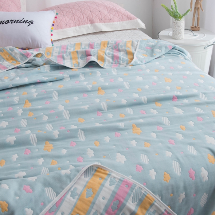 91家纺网 家纺一手货源 找家纺 朴尔 2021新款经典六层纱布全棉毛巾被 彩云-兰