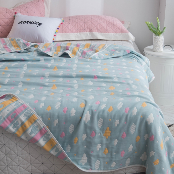 91家纺网 家纺一手货源 找家纺 朴尔 2021新款经典六层纱布全棉毛巾被 彩云-兰