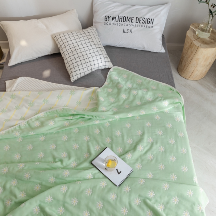 91家纺网 家纺一手货源 找家纺 朴尔 2021新款经典六层纱布全棉毛巾被 小雏菊-绿