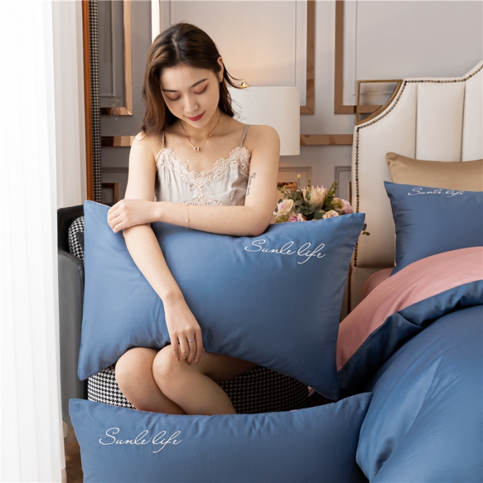 91家纺网 家纺一手货源 找家纺 古吉梦 2024新款水洗棉-S双拼单品床单床笠枕套 宾利蓝