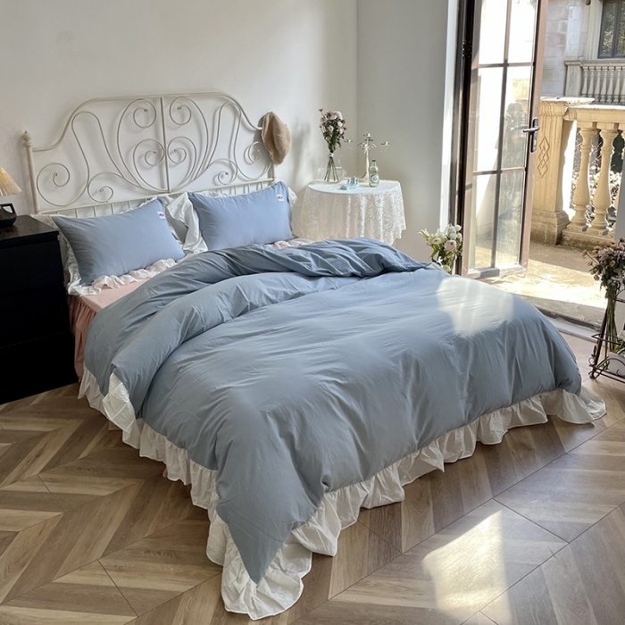 91家纺网 家纺一手货源 找家纺 洋铭区 2021新款法式清新水洗棉四件套 可可蓝