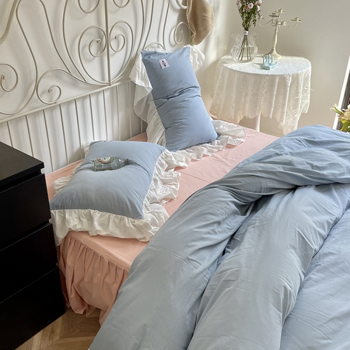 91家纺网 家纺一手货源 找家纺 洋铭区 2021新款法式清新水洗棉四件套 可可蓝