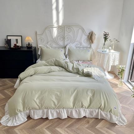 91家纺网 家纺一手货源 找家纺 洋铭区 2021新款法式清新水洗棉四件套 可可绿