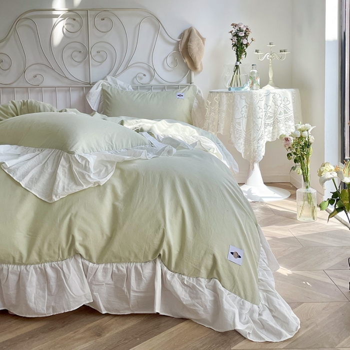 91家纺网 家纺一手货源 找家纺 洋铭区 2021新款法式清新水洗棉四件套 可可绿