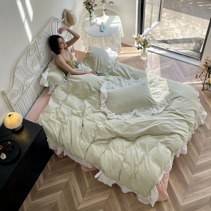 91家纺网 家纺一手货源 找家纺 洋铭区 2021新款法式清新水洗棉四件套 可可绿