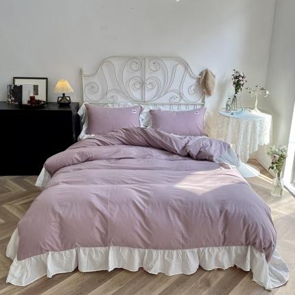 91家纺网 家纺一手货源 找家纺 洋铭区 2021新款法式清新水洗棉四件套 可可紫