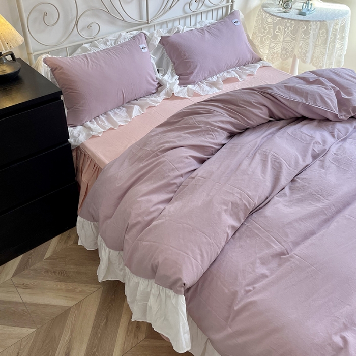 91家纺网 家纺一手货源 找家纺 洋铭区 2021新款法式清新水洗棉四件套 可可紫