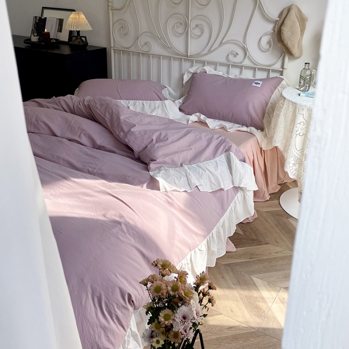 91家纺网 家纺一手货源 找家纺 洋铭区 2021新款法式清新水洗棉四件套 可可紫